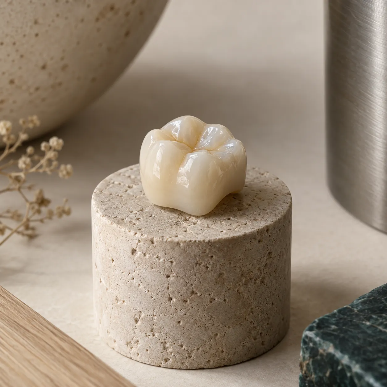 Single ceramic dental crown shown close up against a neutral background