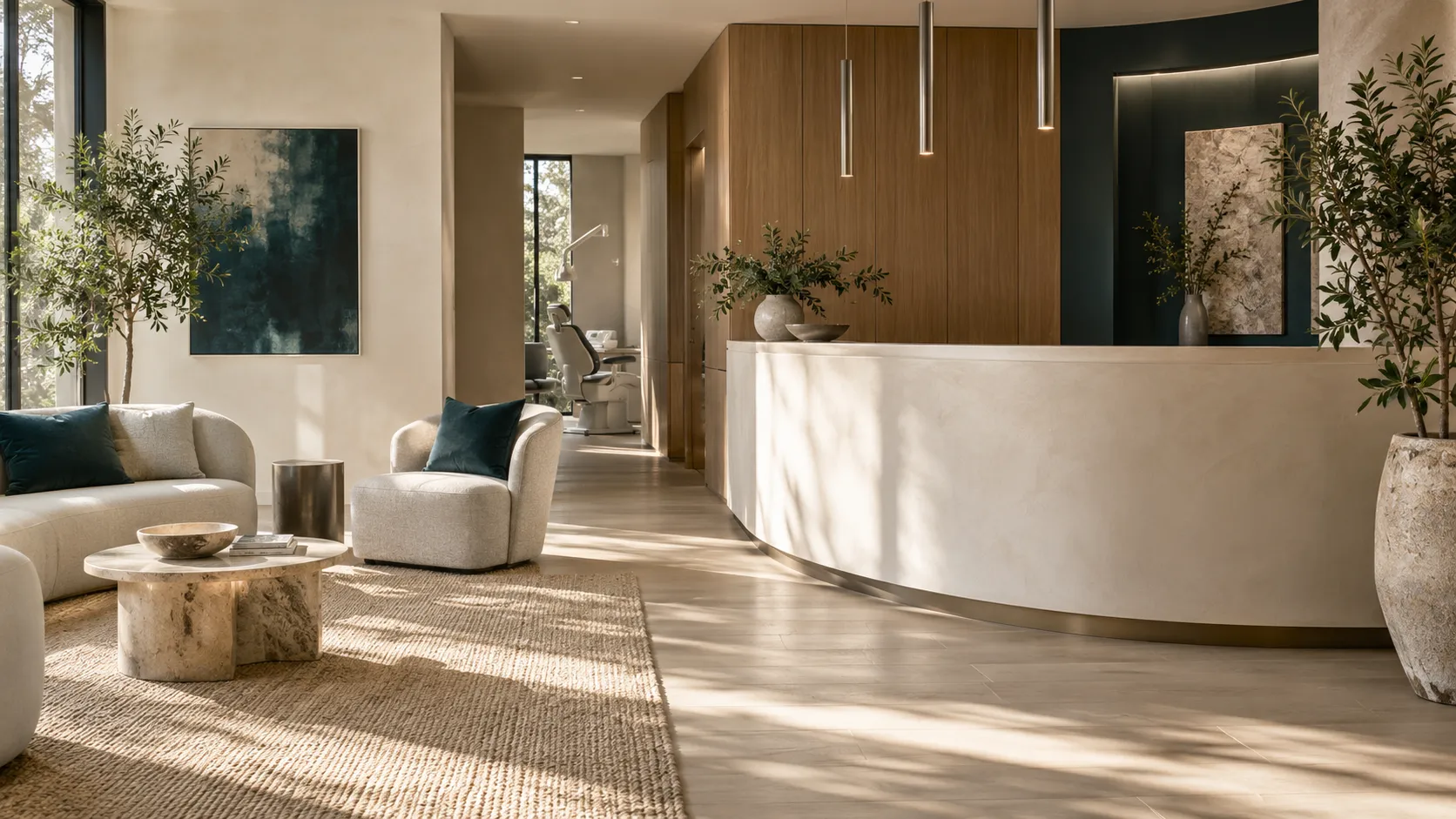 Reception lounge of Marlow Dental Studio with a curved plaster desk, oak joinery and morning light