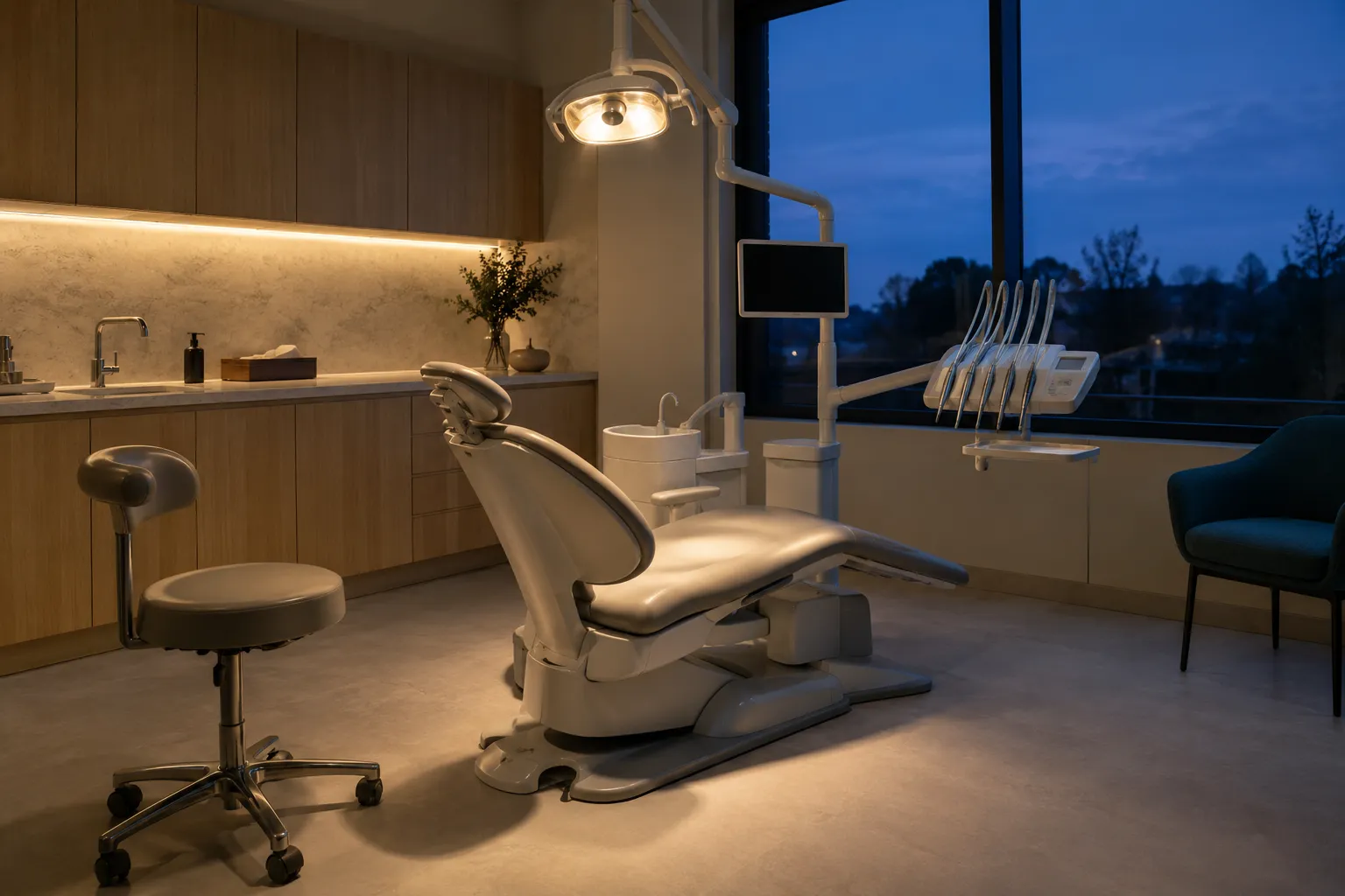 Dental studio entrance lit in the early evening, ready for urgent appointments