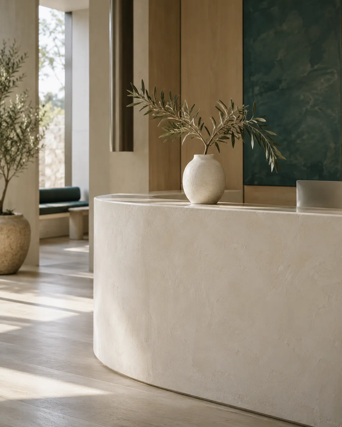 Curved plaster reception desk with a ceramic vase holding a single branch