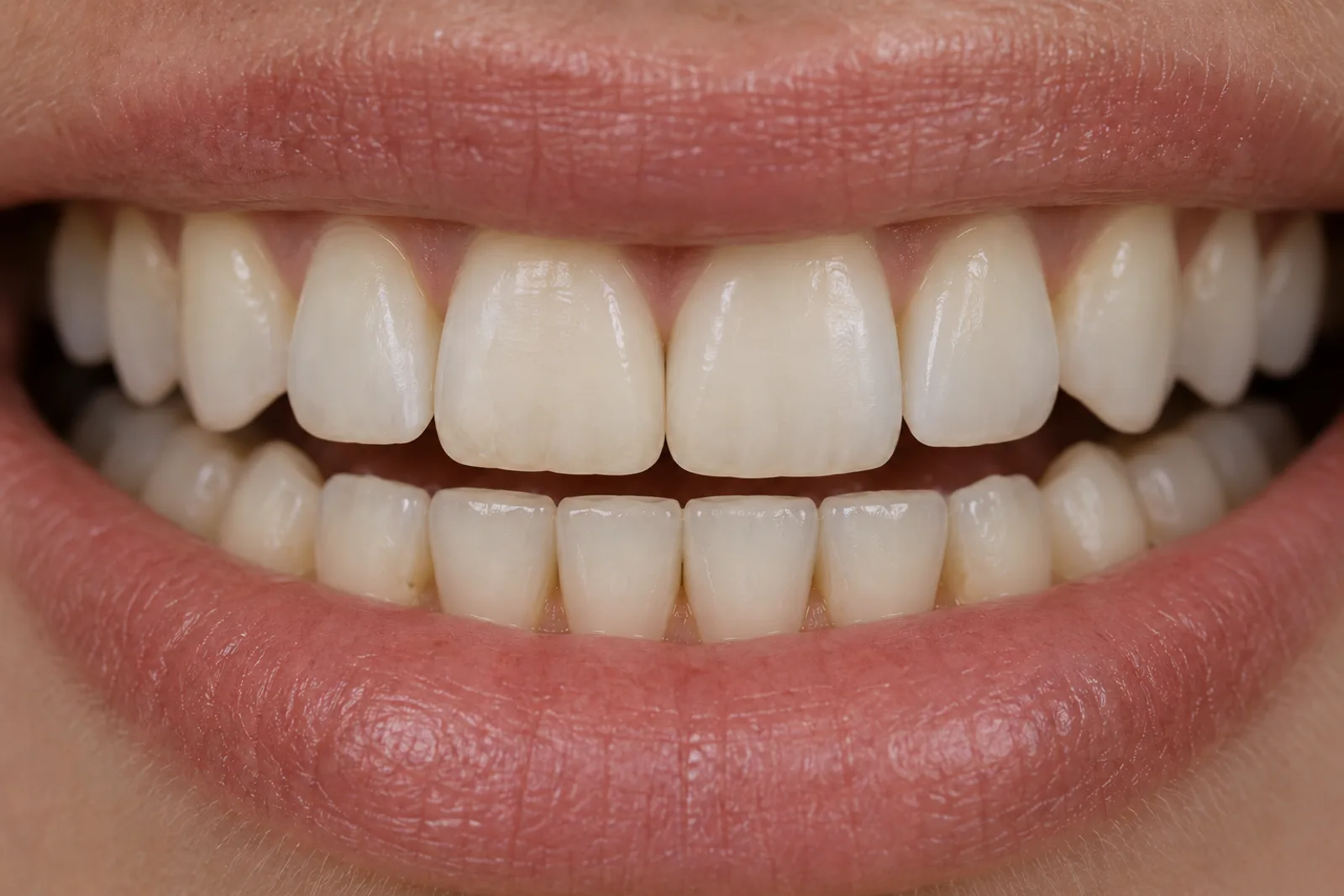 Close-up of front teeth after composite bonding to even out chipped edges
