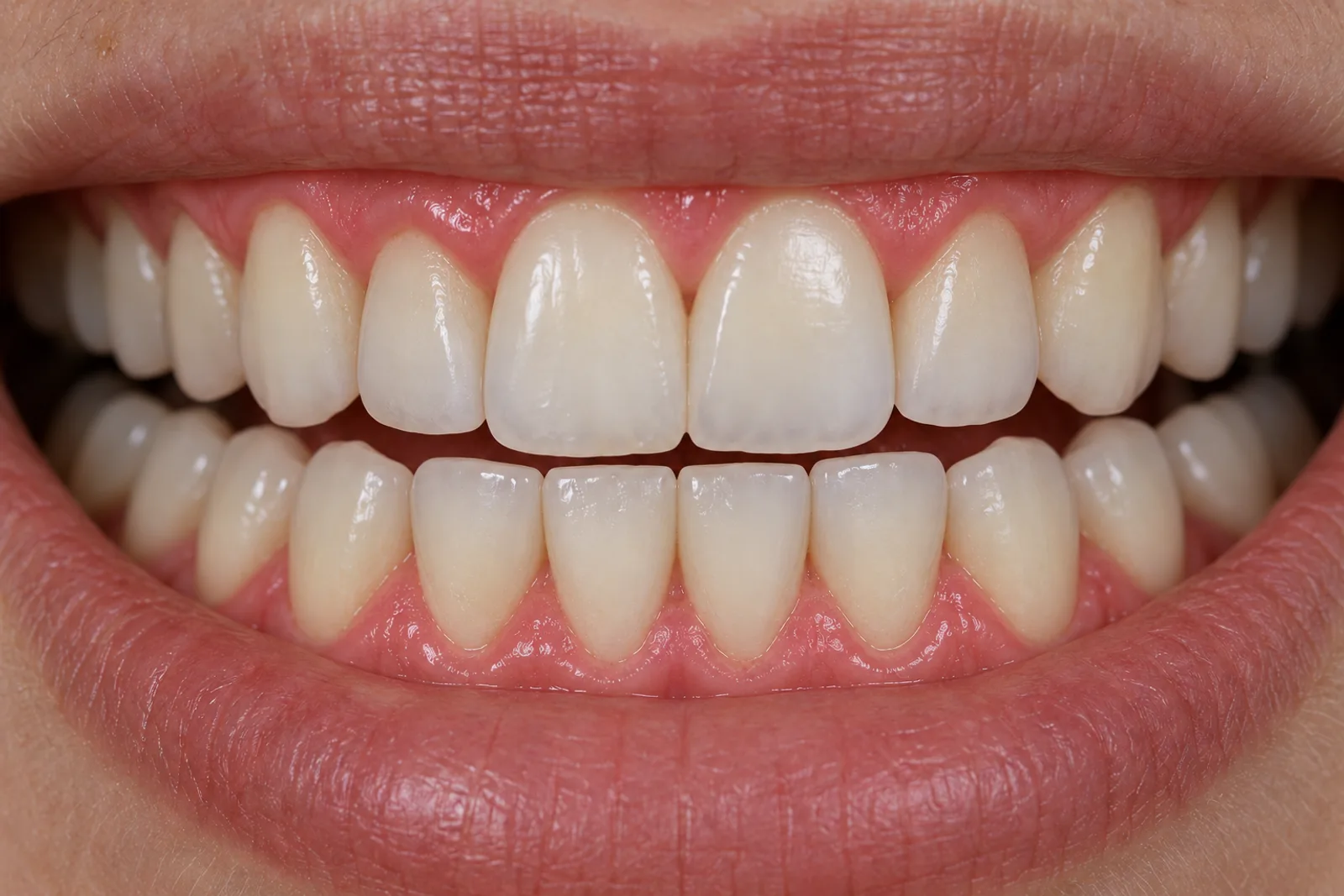 The same teeth after a scale and polish, clean along the gumline