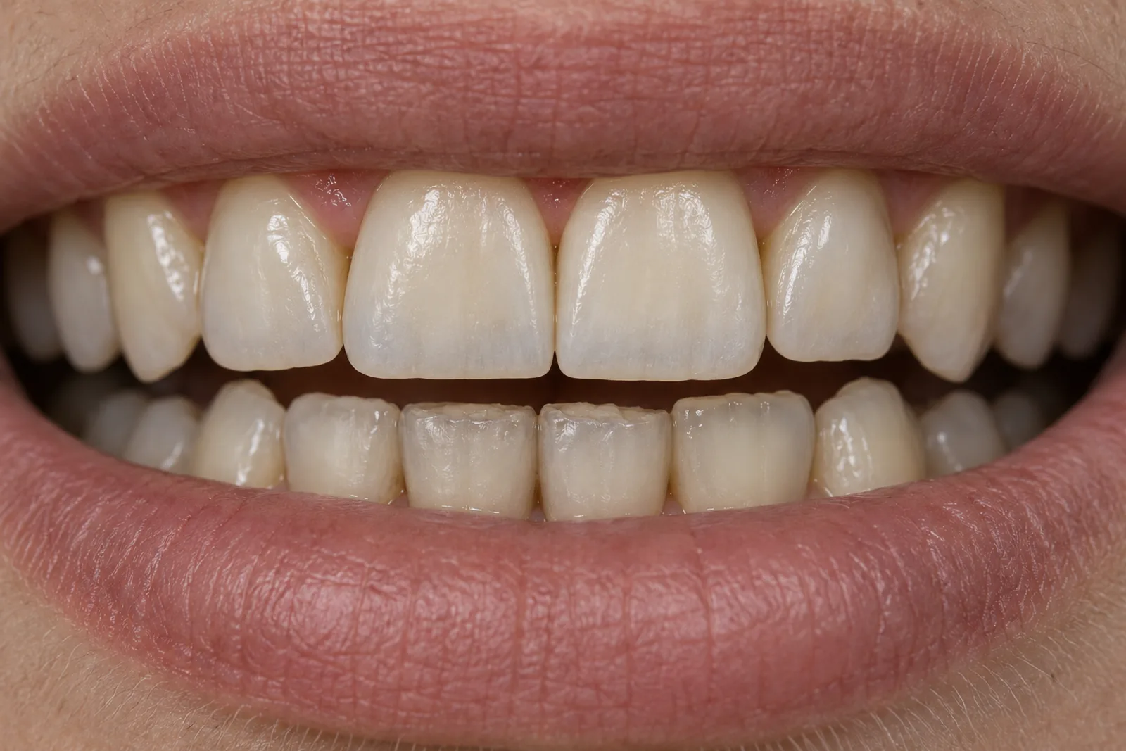The same smile with even porcelain veneers on the front teeth